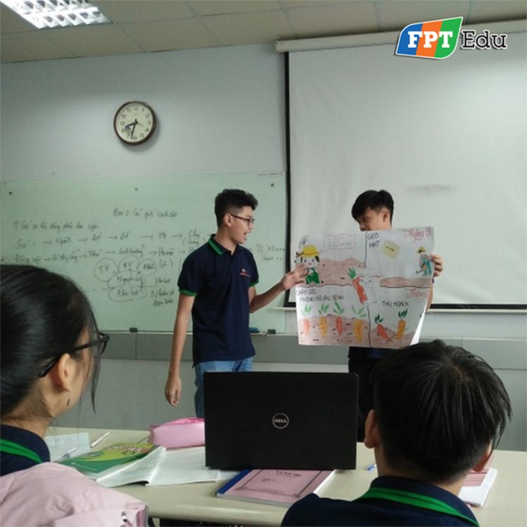 Học sinh THPT FPT tự tin thuyết trình, phản biện liên quan đến chủ đề môn học.