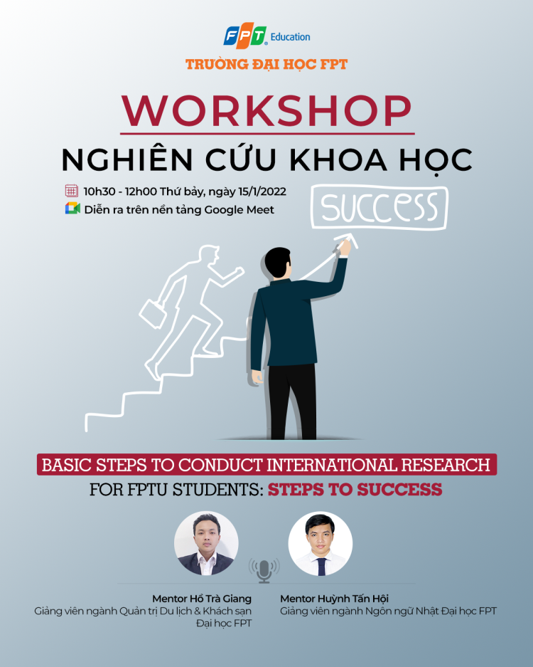 Poster giới thiệu về chuỗi workshop “Basic steps to conduct international research for FPTU students: Steps to success”