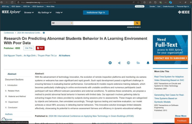 Đề tài “Research On Predicting Abnormal Students Behavior In A Learning Environment With Poor Data” được công bố trên tạp chí IEEE.